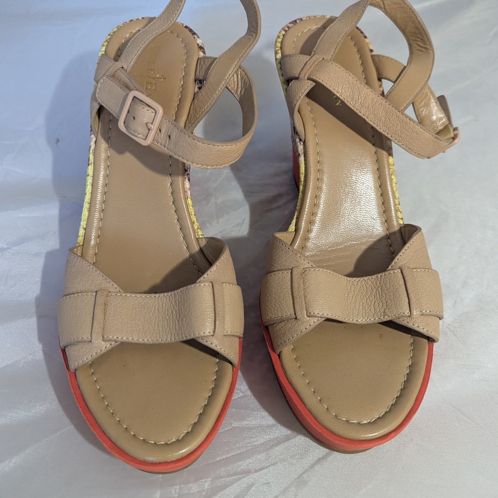 Cole Haan Neutral Leather Wedge Sandals with Coral Trim